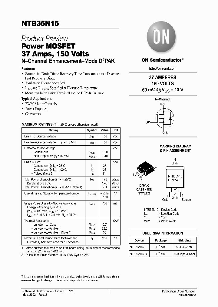 NTB35N15_1100161.PDF Datasheet