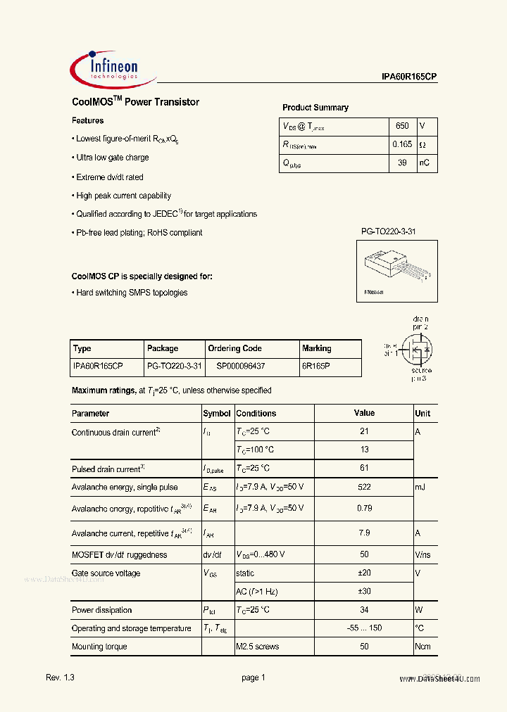 IPA60R165CP_148715.PDF Datasheet