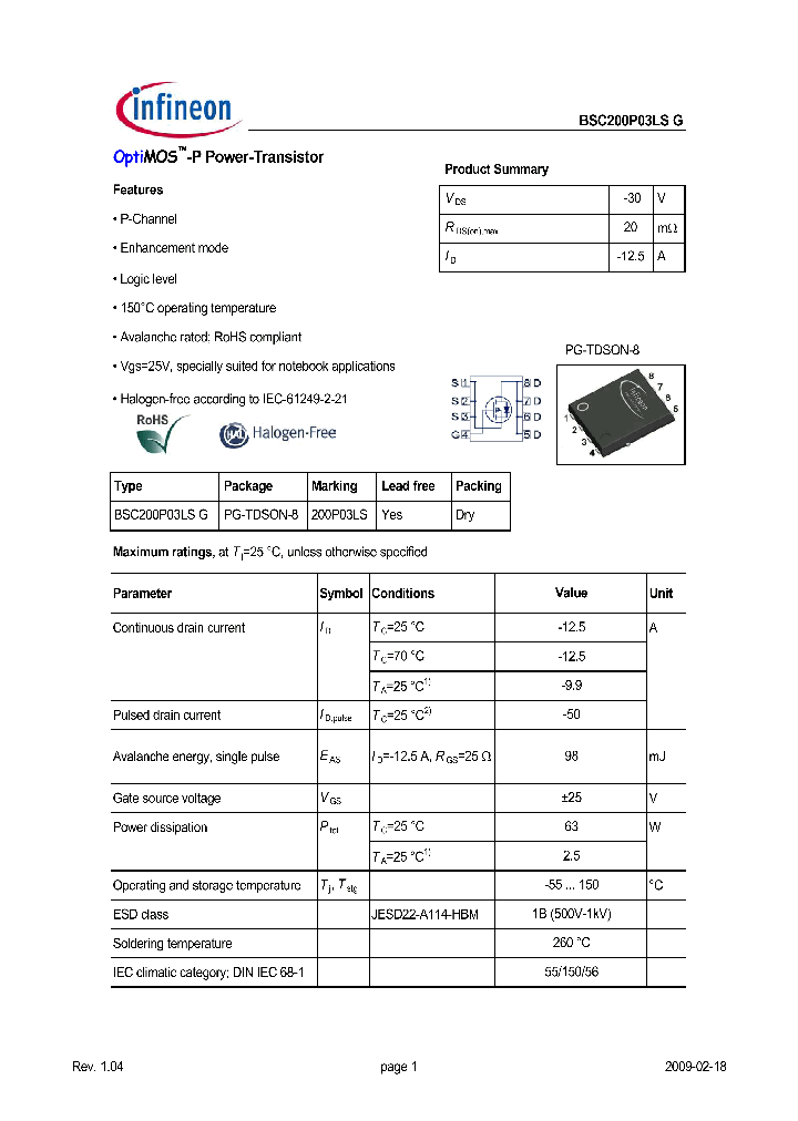 BSC200P03LSG_7635526.PDF Datasheet