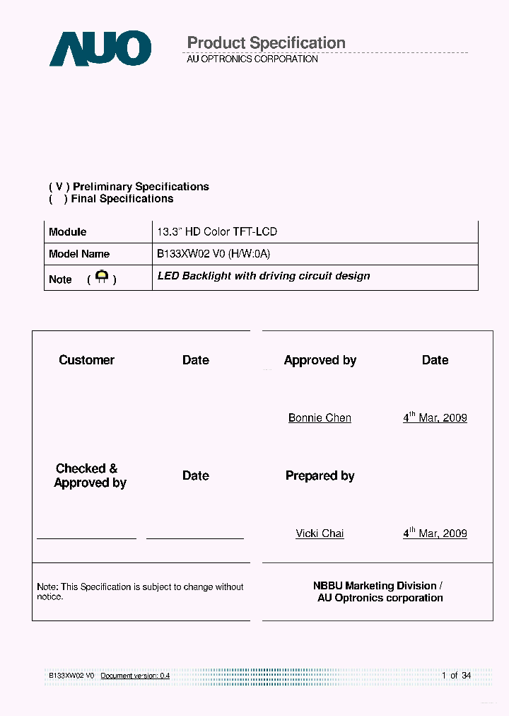 B133XW02V0_7870608.PDF Datasheet