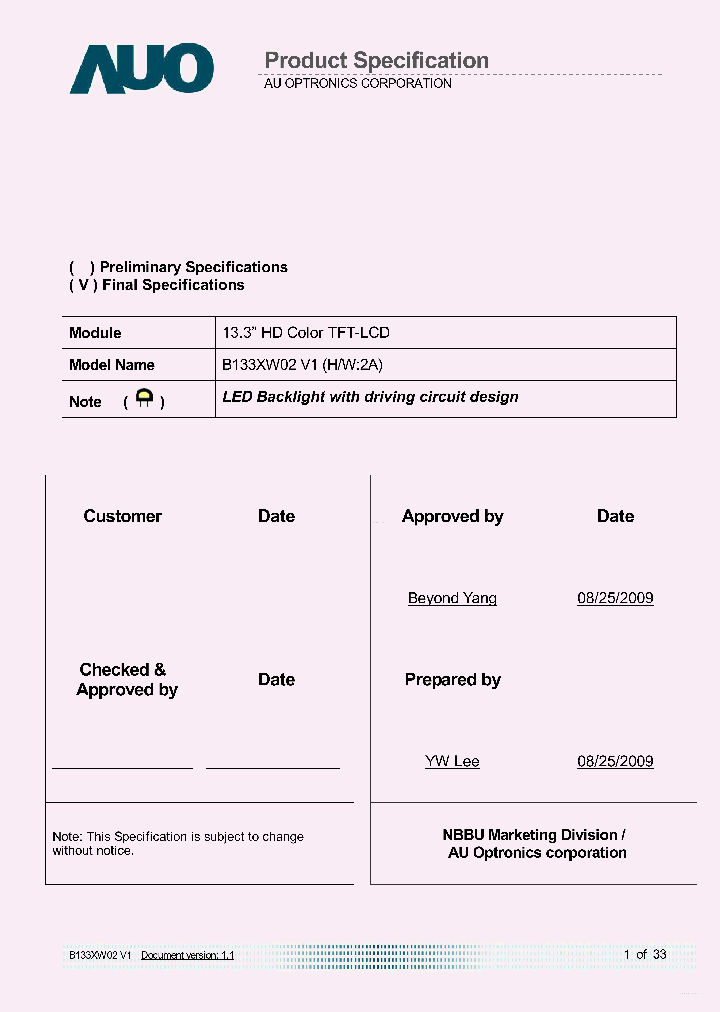 B133XW02V1_7870609.PDF Datasheet